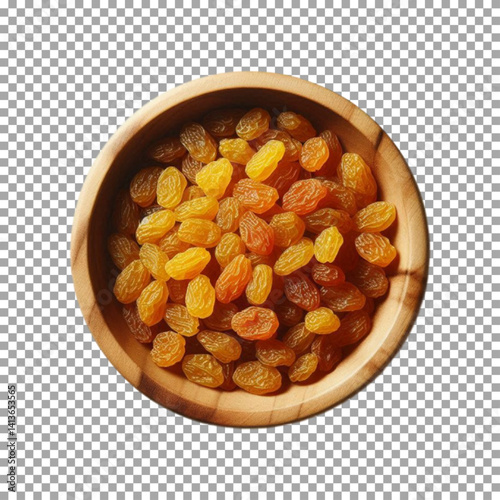a wooden bowl filled with golden yellow raisins, Healthy Golden Raisins in Rustic Wooden Bowl on transparent background, png, psd
