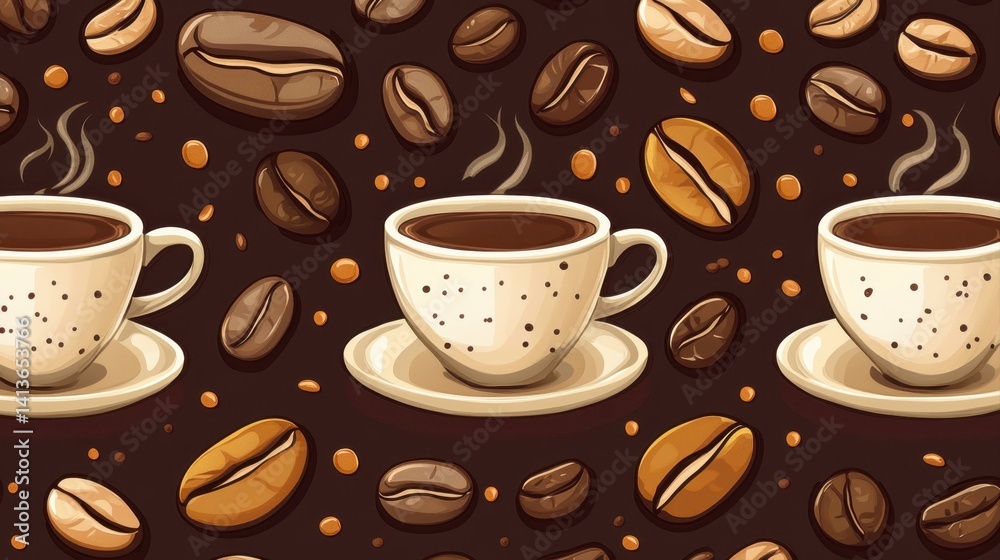 Obraz premium Coffee Pattern Background with Cups and Beans for Cozy and Warm Designs in Warm Brown Tones