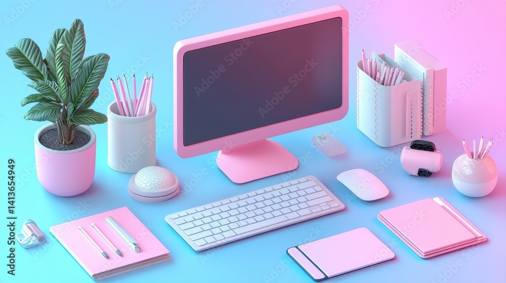 Stylish Modern Desk Setup with Pink Color Palette Featuring Plant, Computer, Stationery, and Accessories Stylish Modern Desk Setup with Pink Color Palette Featuring Plant, Computer, Stationery, and Accessories