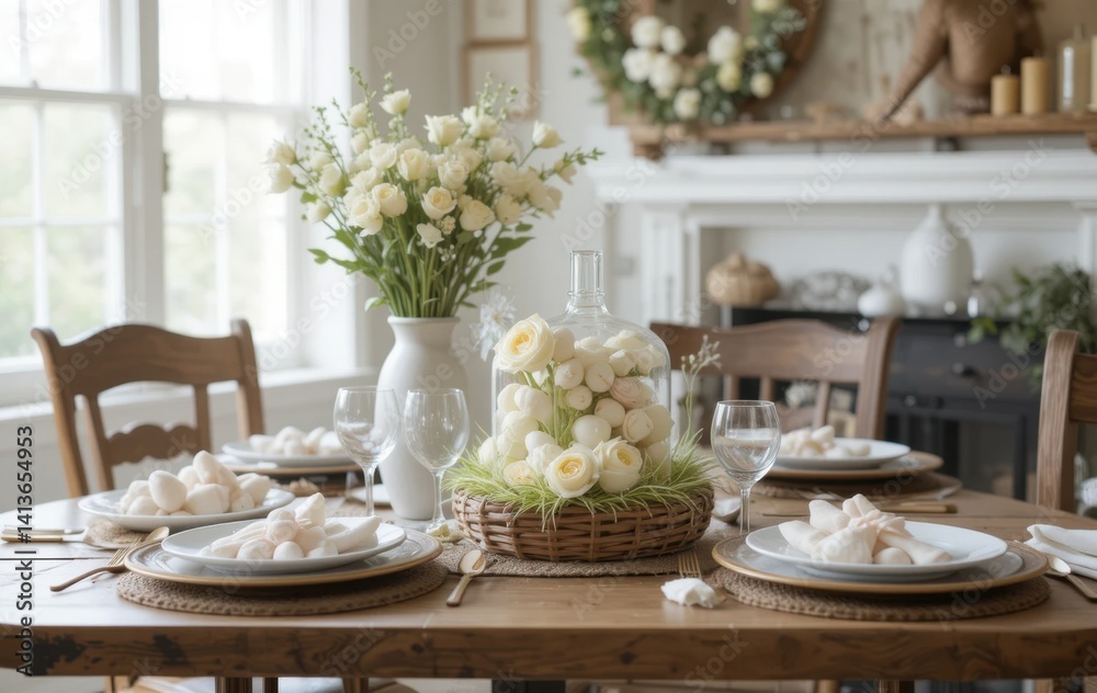 Fototapeta premium Elegant Table Setting with Floral Centerpiece and Neutral Decor