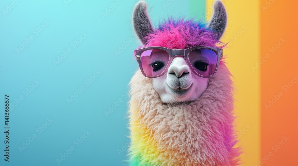 Fototapeta premium Colorful llama wearing sunglasses with vibrant rainbow background and playful expression