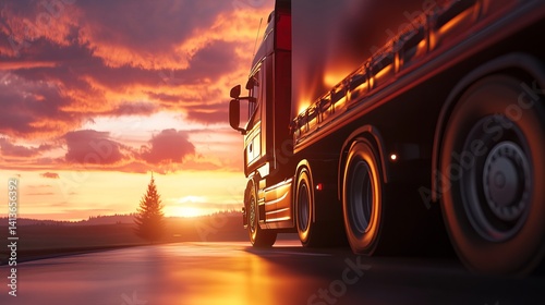 European truck vehicle driving on open road with dramatic sunset lighting photo