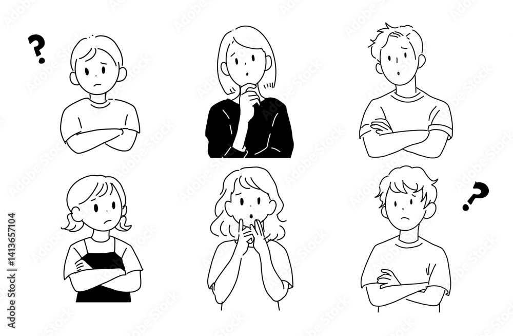 疑問や悩みを抱える人々のイラストセット（白背景・上半身
