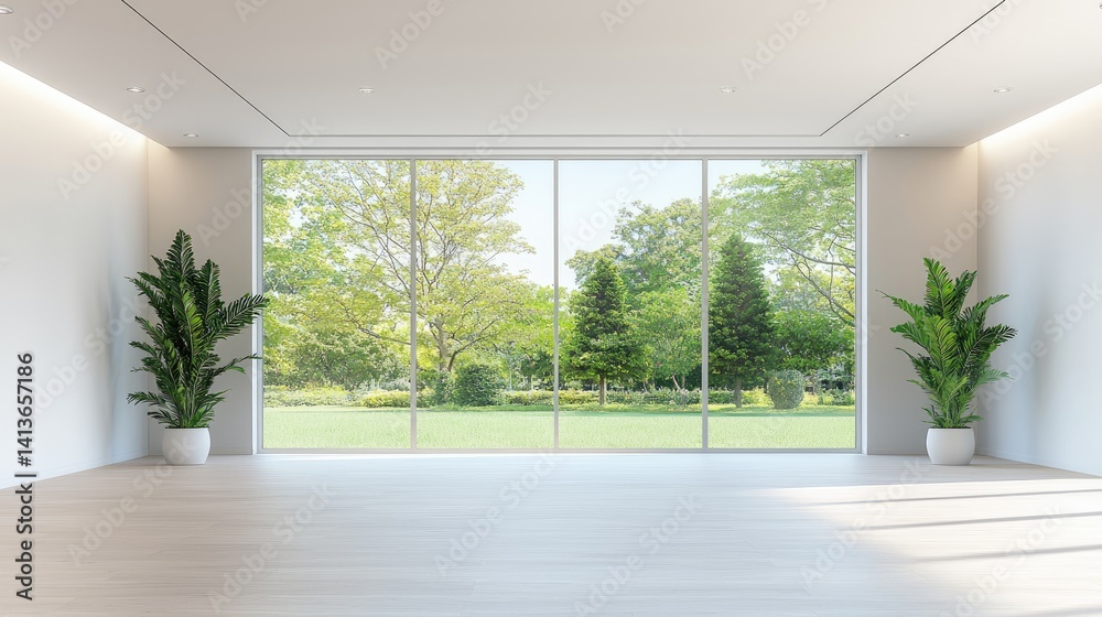 Obraz premium Modern minimalist interior design bright room garden view white green serene calm