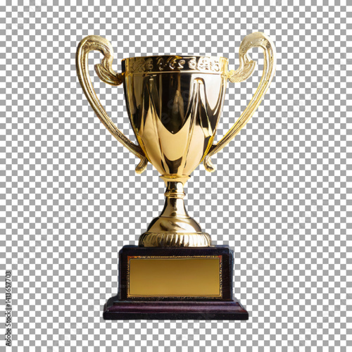 Elegant gold winners trophy with shooting stars to be awarded, Award-Winning Trophy with Ornate Design and Wooden Base on transparent background, png, psd
