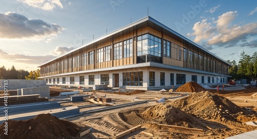 New school building construction site cinematic view background 