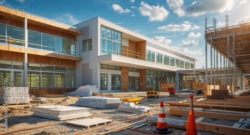 New school building construction site cinematic view background 