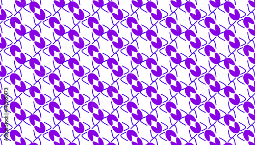 Abstract seamless diagonal pattern featuring vibrant purple crescent shapes linked by blue outlined crosses
