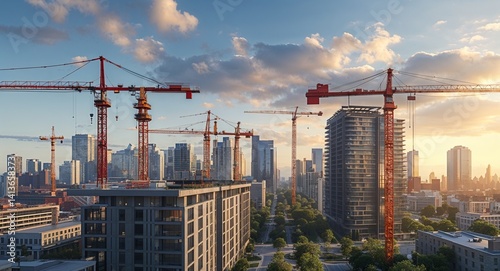 Urban redevelopment with cranes cinematic view background 