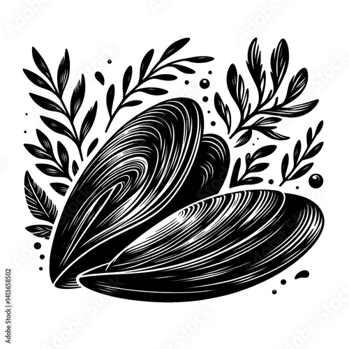 Create a mussel silhouette vector style with white background
