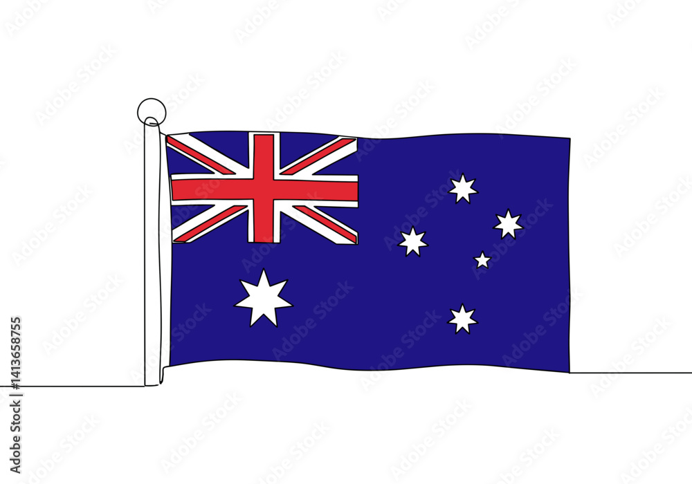 Fototapeta premium One line drawing of Australia flag with color. Modern minimalistic design in continuous line art style, perfect for creative projects, print materials and educational content. 