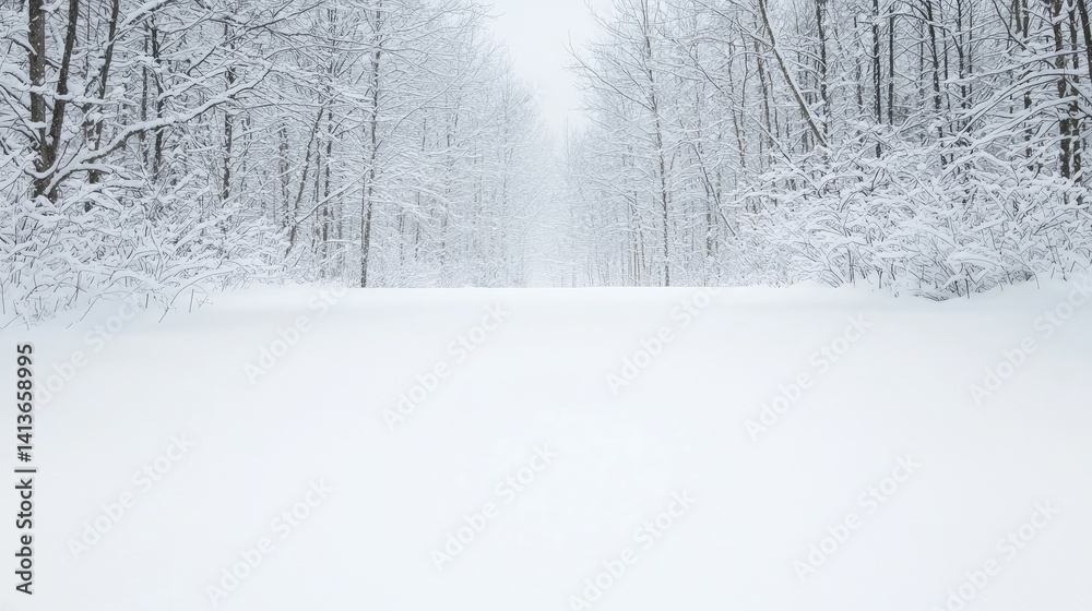Fototapeta premium Serene winter forest path snow covered trees and peaceful winter wonderland scene