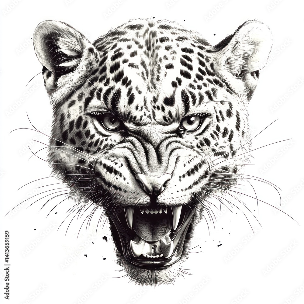 Close-up graphic of a ferocious leopard head. Close-up graphic of a ferocious leopard head.