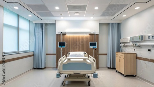Healthcare Technology Medical Devices Innovation concept, Modern hospital room featuring a bed, medical equipment, and large windows for natural light.