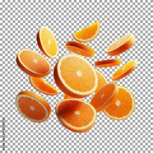 Freshly Cut Orange Slices in Mid-Air on transparent background, png, psd
