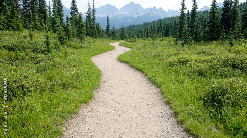Fototapeta premium Winding trail through a lush alpine meadow, leading to a mountain range