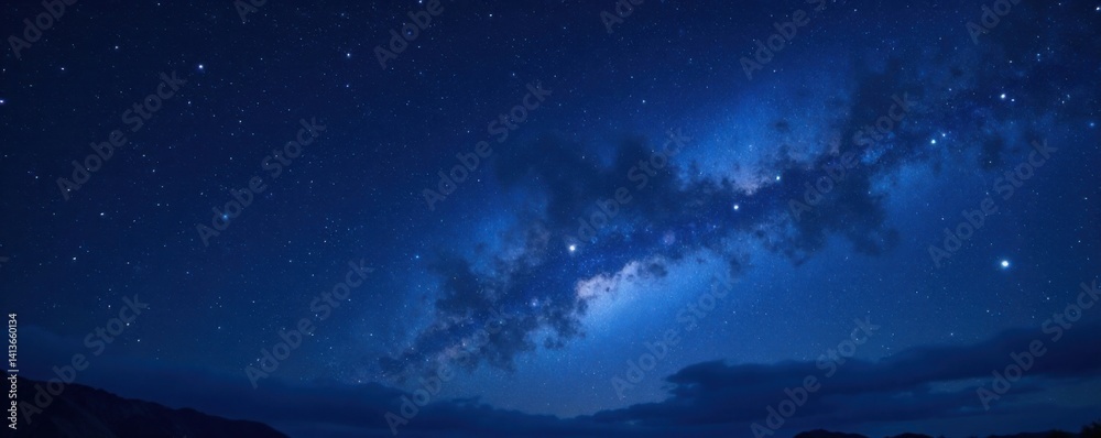 Naklejka premium Celestial canvas with twinkling stars against dark midnight sky, cosmos, , space