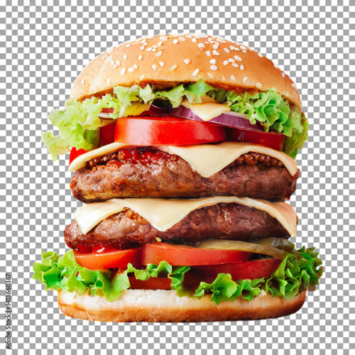 Mouthwatering Cheeseburger with Fresh Ingredients and Sesame Seed Bun on transparent background, png, psd
