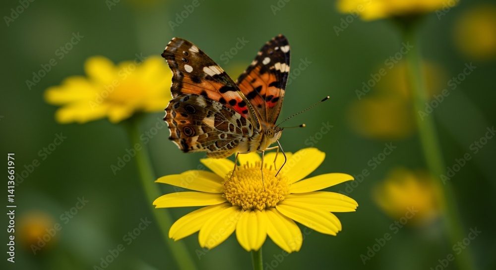 Butterfly resting on a vibrant yellow flower in a field of green. Butterfly resting on a vibrant yellow flower in a field of green.