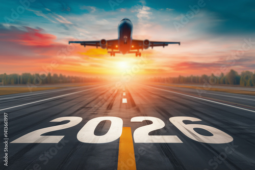Airplane taking off on runway with large 2026 text, vibrant sunset sky, symbol of new beginnings, future travel, and business vision, ideal for New Year or corporate goals themes photo