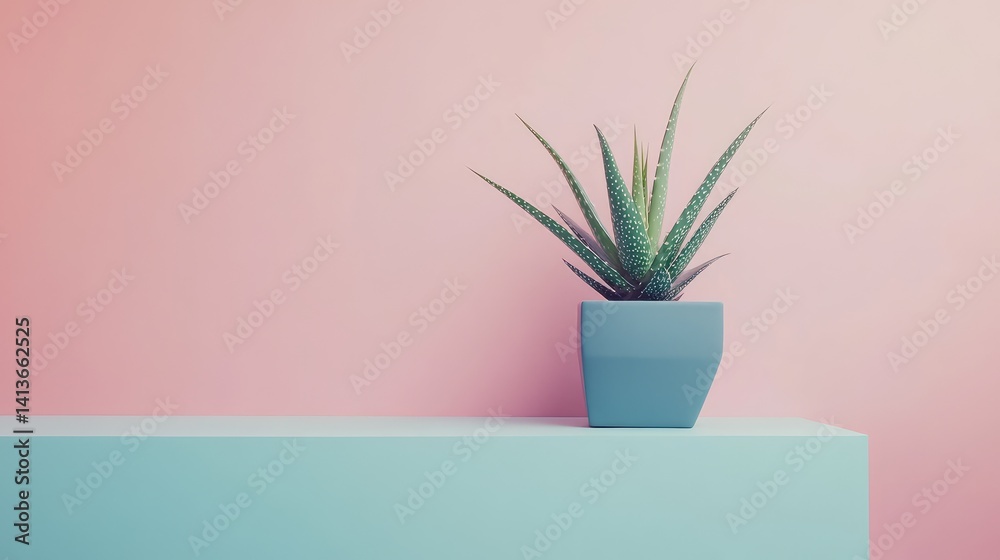 Aloe plant in modern planter on shelf with soft pastel background and clear negative space Aloe plant in modern planter on shelf with soft pastel background and clear negative space