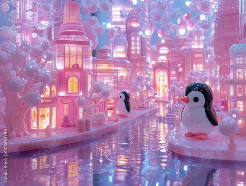 Toy penguins in glossy pink fantasy city with glowing buildings, pastel trees and reflective water, magical candy-like urban setting