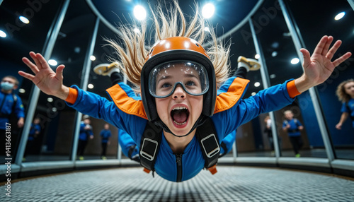 Young girl crying of excitement flying in an indoor skydiving facility  