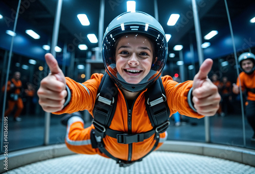 Joyful child enjoying indoor skydiving in a flight simulator Aerotube  