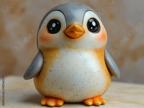 Round ceramic penguin with orange feet and speckled texture, posed on wooden surface against warm brown background