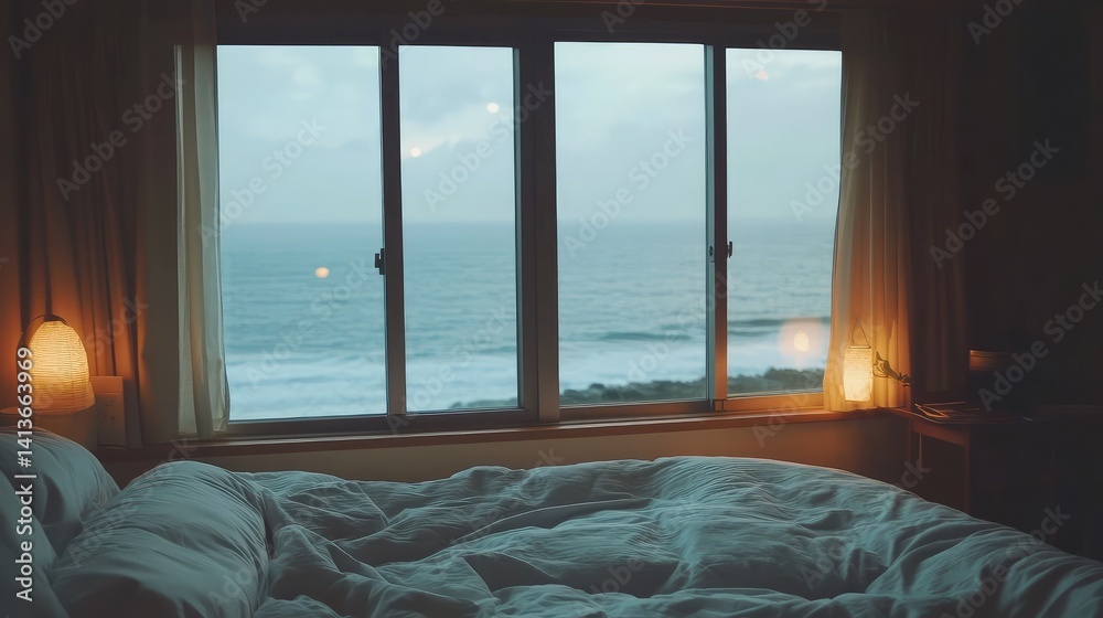 Fototapeta premium A minimalist bedroom with a large window showcasing the ocean, soft lighting, and simple decor, offering plenty of room for creative text or graphic elements