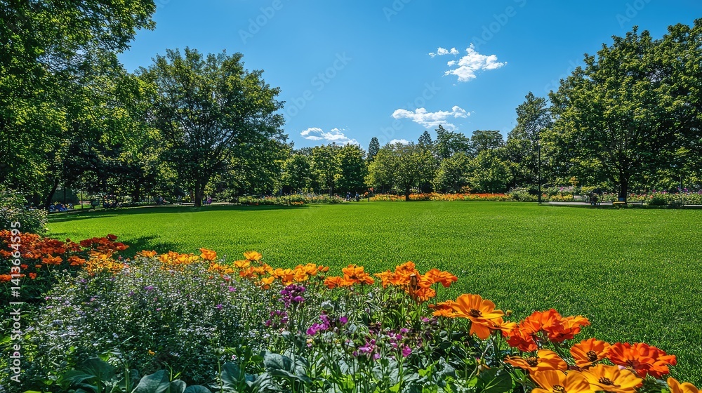 Obraz premium A park scene with colorful flowers in bloom, surrounded by green lawns and trees, with plenty of space in the center for text or design elements
