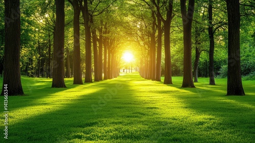 A public park with tall trees and a well-maintained lawn, offering a calm and peaceful environment with space in the center for copy or design