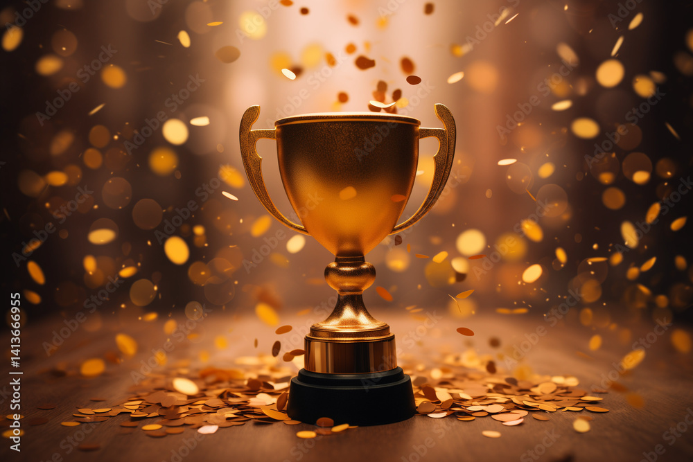 
Golden trophy on a podium with confetti falling