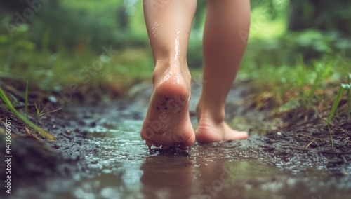 Bare feet walking on muddy path.