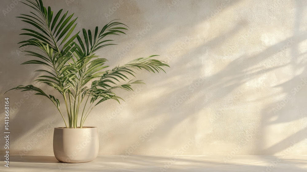 Empty beige wall with floor plant in ceramic pot, natural lighting and design space Empty beige wall with floor plant in ceramic pot, natural lighting and design space