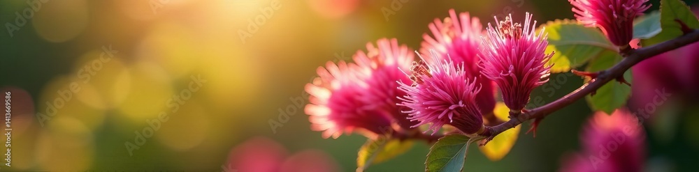 Obraz premium Close-up of pink bottlebrush flowers on bush in soft afternoon sunlight, colorful, vibrant