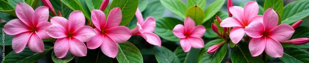 Close up of pink flowers border with vibrant green leaves, foliage, close-up Close up of pink flowers border with vibrant green leaves, foliage, close-up
