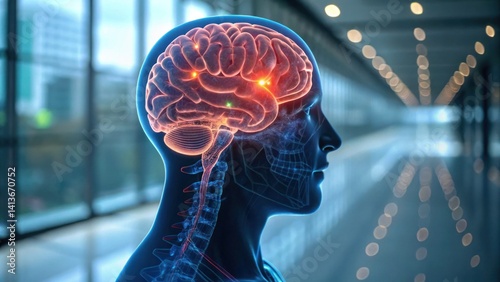 Mental Health Wellness Technology concept A futuristic depiction of a human head with a glowing brain and neural pathways.