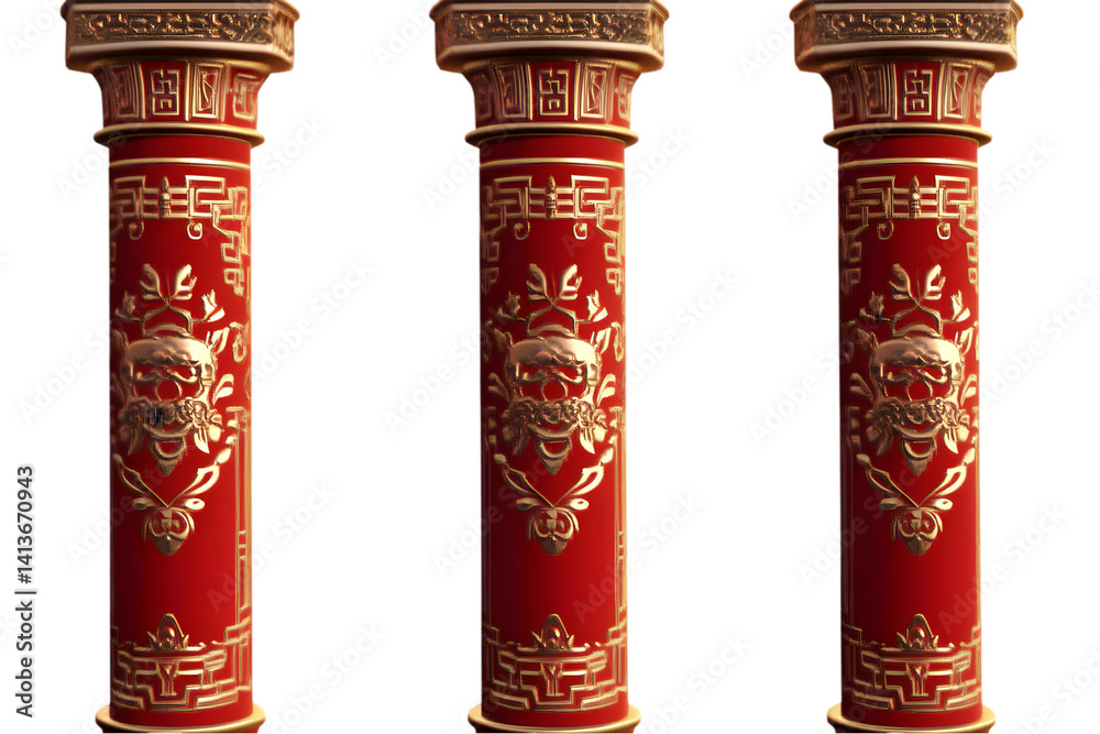 Isolated Pillars In Red And Gold With Ornate Designs Against Transparent Background