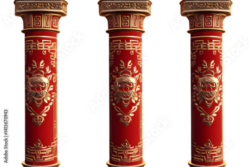 Obraz na płótnie Isolated Pillars In Red And Gold With Ornate Designs Against Transparent Background w salonie