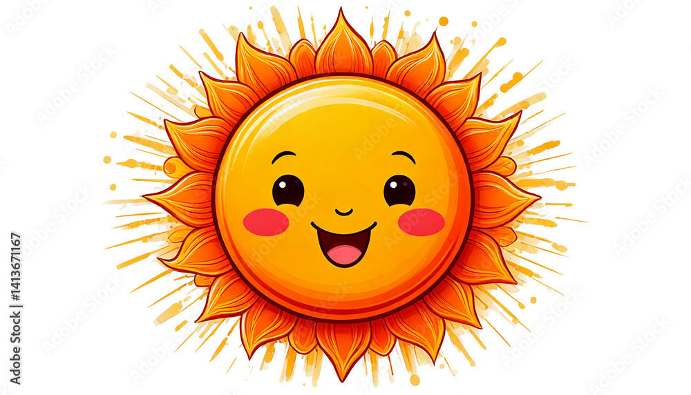 Cute cartoon sun with smiling face and glowing rays, isolated on white background, PNG style for stickers or children’s design, flat vector style Cute cartoon sun with smiling face and glowing rays, isolated on white background, PNG style for stickers or children’s design, flat vector style