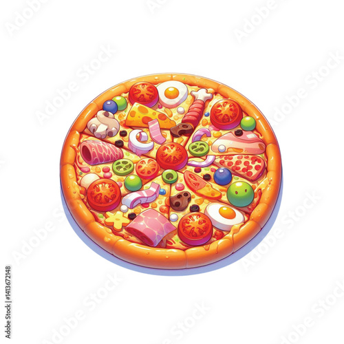 High resolution and high quality anime style vector illustration of a brightly colored pizza with several toppings on a simple white background.