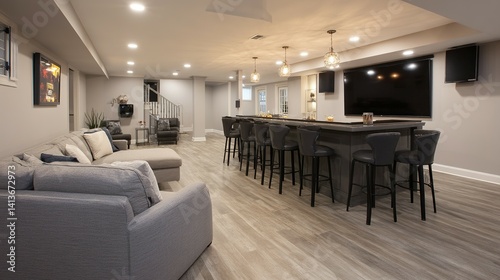 Modern basement entertainment area with bar and seating.