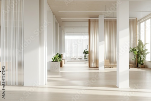 High Quality Image of White and Wooden Open Space Office Interior with Curtains