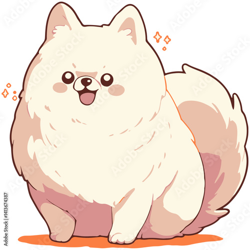 デフォルメタッチのおすわりして喜ぶポメラニアンのAI生成画像