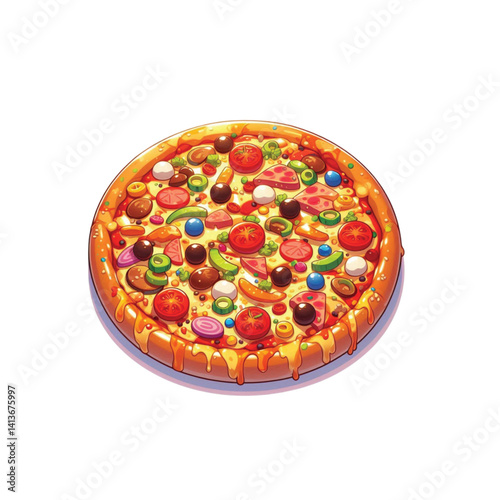 High resolution and high quality anime style vector illustration of a brightly colored pizza with several toppings on a simple white background.