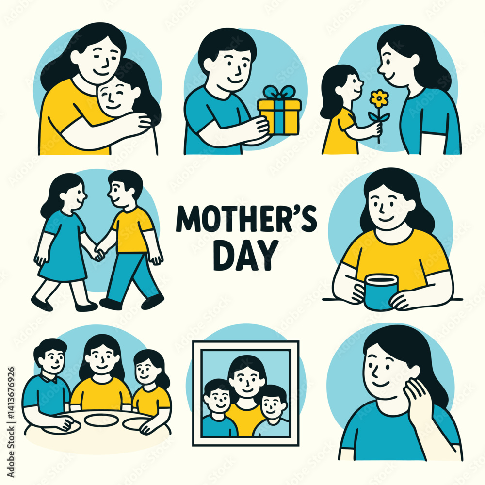 Mother Day is celebration of love and appreciation, depicted through various joyful moments shared between mothers and children, including gifts, hugs, and family gatherings Mother Day is celebration of love and appreciation, depicted through various joyful moments shared between mothers and children, including gifts, hugs, and family gatherings