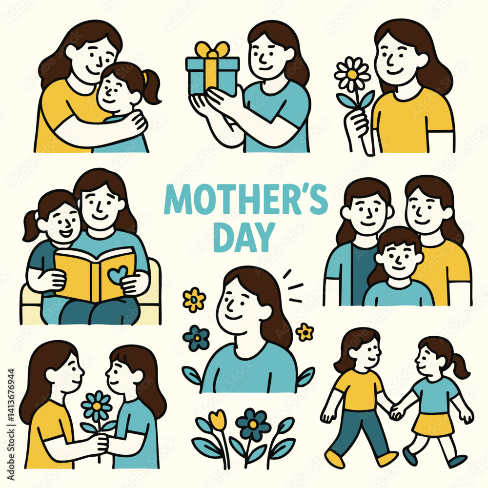 Mother Day celebration with illustrations of mothers and children sharing love, gifts, flowers, and joyful moments together, capturing essence of family bonds and appreciation Mother Day celebration with illustrations of mothers and children sharing love, gifts, flowers, and joyful moments together, capturing essence of family bonds and appreciation