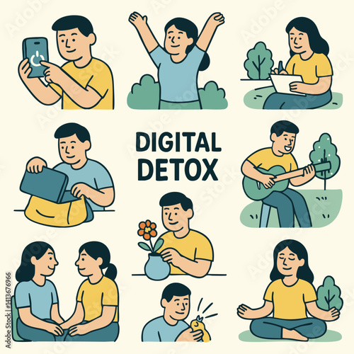 Digital detox is popular theme depicted this illustration, showcasing various activities that promote break from technology. image features individuals engaging activities like reading