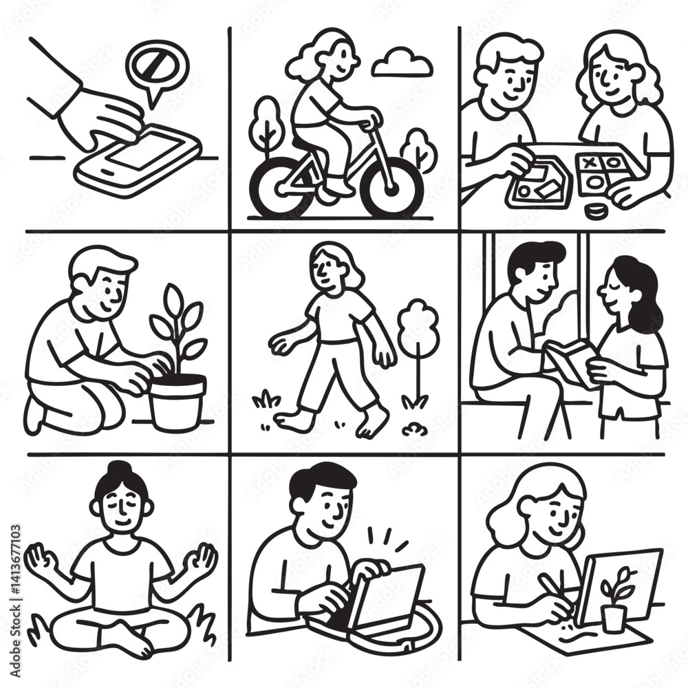 Illustration depicting various activities promoting well being including using smartphone cycling playing games gardening walking reading meditating and working laptop. Each scene emphasizes Illustration depicting various activities promoting well being including using smartphone cycling playing games gardening walking reading meditating and working laptop. Each scene emphasizes